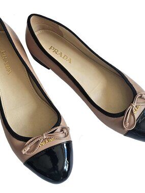 PRADA BLACK/BEIGE CALZATURE DONNA CAPTOE LEATHER BALLET FLATS (38.5)